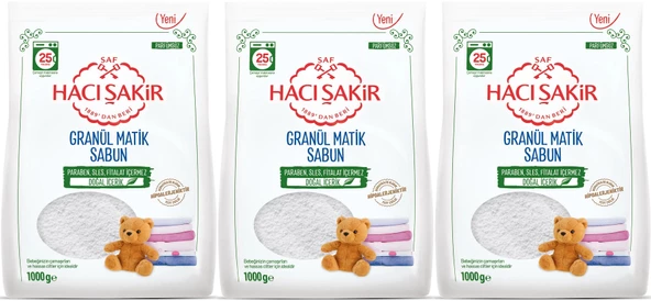 Hacı Şakir Sabun Tozu Granül Matik 3KG Parfümsüz (Bebekler/Hassas Ciltler İçin) 75 Yıkama (3PK*1KG)