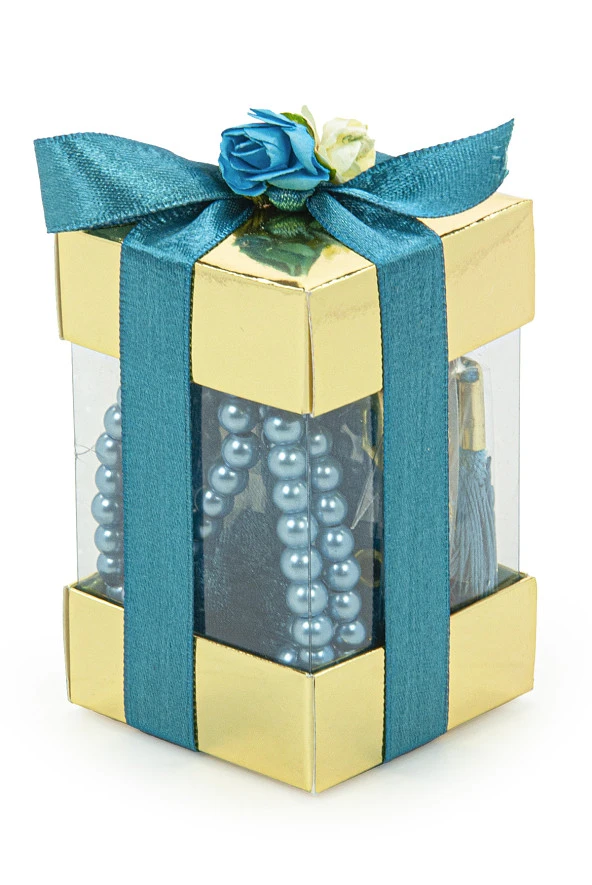 Pencere Kutulu Mini Kuran Seti - İnci Tesbihli - Pleksili - Mavi - Resim 2