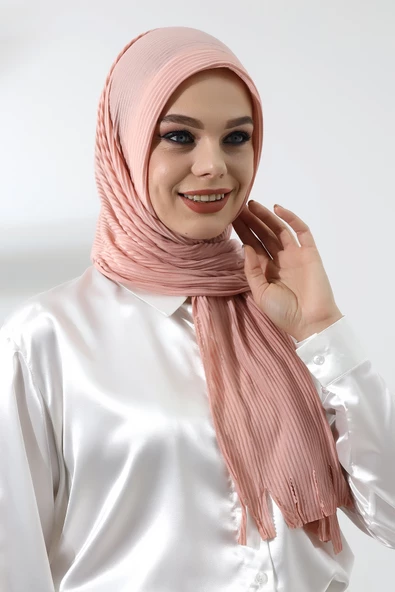 Pudra Tesettür Hazır Pratik Fitilli Pamuklu Şal - Resim 3