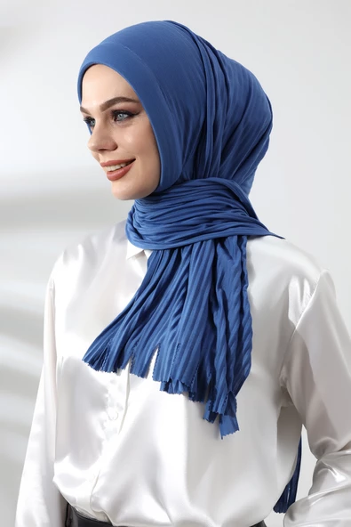 Mavi Tesettür Hazır Pratik Fitilli Pamuklu Şal - 4