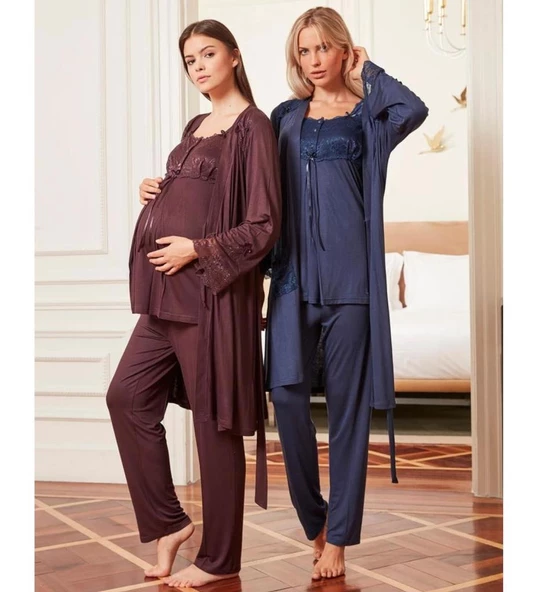 BirolGaye 4804 Lacivert Hamile Lohusa 3 Lü Pijama Sabahlık Tk