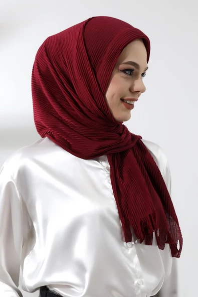 Bordo Tesettür Hazır Pratik Fitilli Pamuklu Şal - 6
