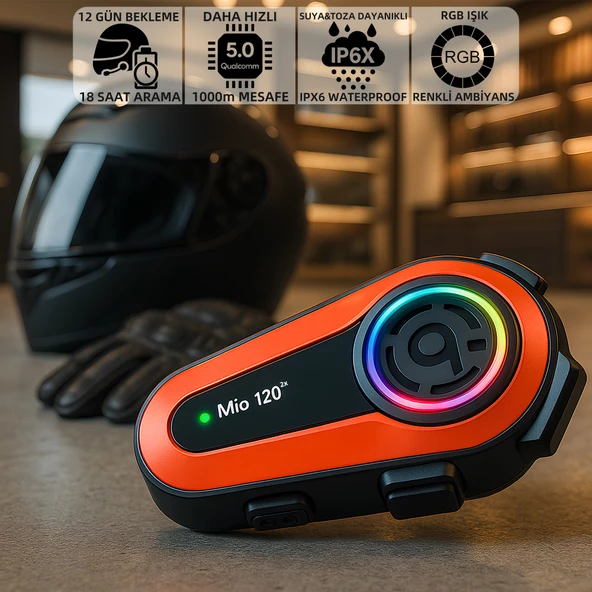 Mioji Mio 120 2x RGB 1000mAh IPX6 1500m 2 Kişilik Kask Intercom Motosiklet Bluetooth Kulaklık