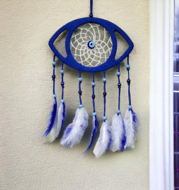 Lacivert Nazar Boncuklu Kuş Tüylü Göz Modelli Duvar Süsü ürün görseli