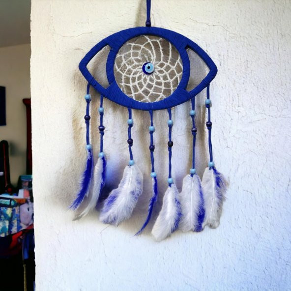 Lacivert Nazar Boncuklu Kuş Tüylü Göz Modelli Duvar Süsü - Resim 2