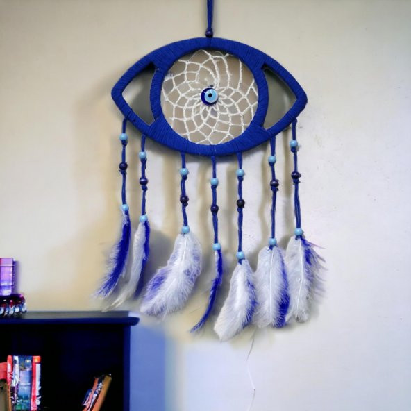 Lacivert Nazar Boncuklu Kuş Tüylü Göz Modelli Duvar Süsü - Resim 3