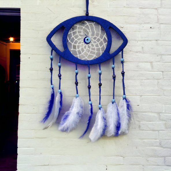 Lacivert Nazar Boncuklu Kuş Tüylü Göz Modelli Duvar Süsü - Resim 4