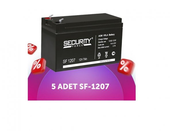 Security Force Serisi SF-1207 12 Volt 7 Amper Bakımsız Kuru Akü Alarm Paneli Aküsü 5 Adet