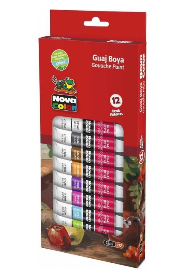 Guaj Boya 12 Renk x 12 Ml Su Bazlı Tüp 1 Paket Novacolor Guaj Boya Seti Tüp İçerisinde 12 li Okul Hobi