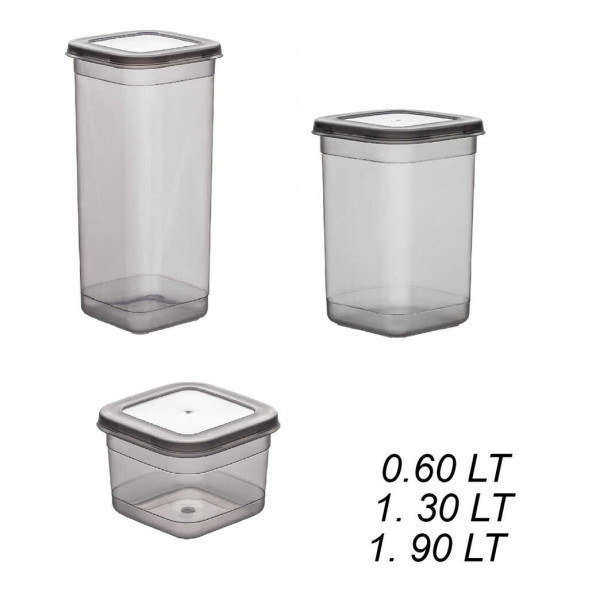 Porsima 433-GR-3 9 lu Kare Etiketli Gıda Erzak Baharat Saklama Kabı Seti 3x(0.60+1.30+1.90) Lt Gri - 3