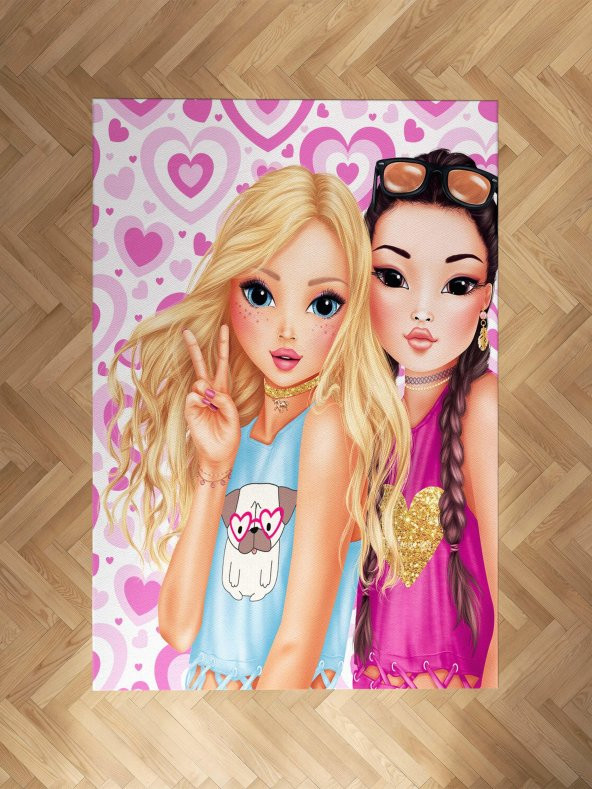 Kız Bebek ve Çocuk Odası için Best Friends Desenli Organik Boyalı Solma Yapmayan Antialerjik Halı  162 x 230 Renkli