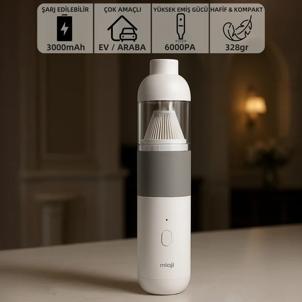 Mioji Mio 3 3000mAh Vacuum Cleaner 6000Pa Taşınabilir Araç ve Ev Mini Şarjlı Süpürge - Beyaz