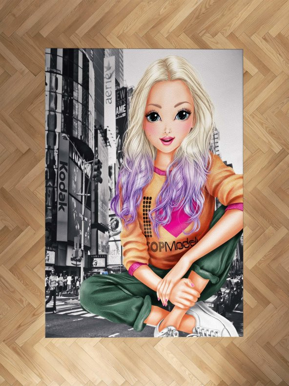 Kız Bebek ve Çocuk Odası Cool Girl Desenli Organik Boyalı Solma Yapmayan Antialerjik Halı  163 x 200 Renkli