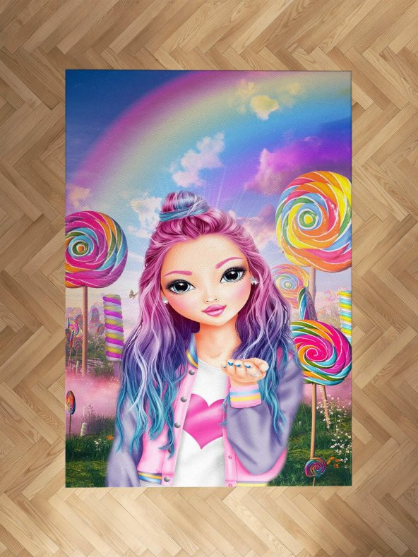 Kız Bebek ve Çocuk Odası Lollipop Girl Desenli Organik Boyalı Solma Yapmayan Antialerjik Halı  84 x 200 Renkli
