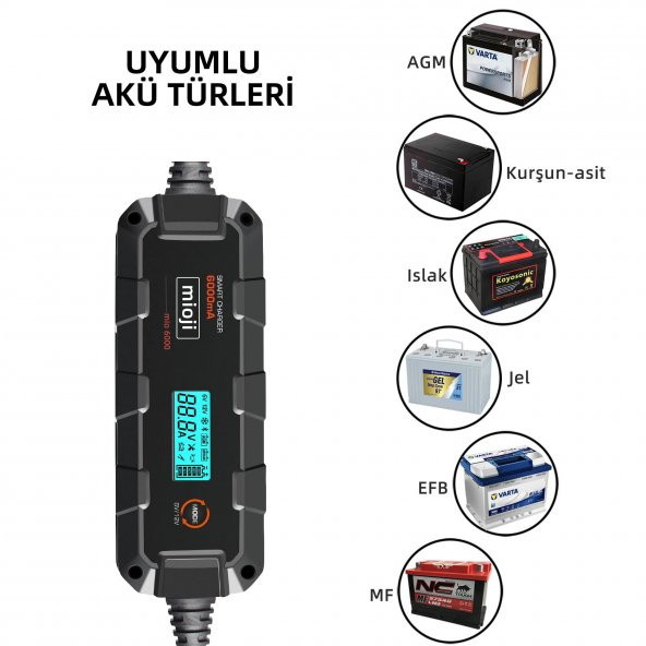 Mioji Mio 6000 6A 6V ve 12V Araba Şarj, Akü Bakım, Damlama Şarj Cihazı ve Motosiklet, ATV, Lityum ve Derin Döngülü Aküler için Kükürt Giderici Akıllı Akü Şarj Cihazı - 3