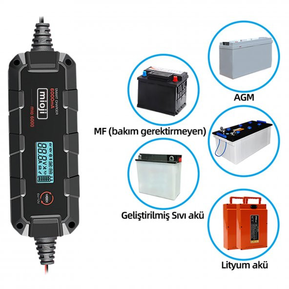 Mioji Mio 6000 6A 6V ve 12V Araba Şarj, Akü Bakım, Damlama Şarj Cihazı ve Motosiklet, ATV, Lityum ve Derin Döngülü Aküler için Kükürt Giderici Akıllı  Akü Şarj Cihazı - 6