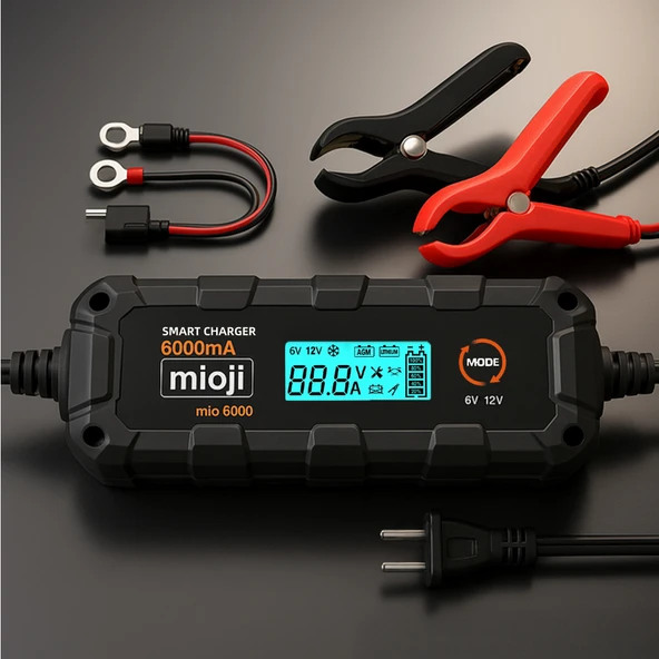 Mioji Mio 6000 6A 6V ve 12V Araba Şarj, Akü Bakım, Damlama Şarj Cihazı ve Motosiklet, ATV, Lityum ve Derin Döngülü Aküler için Kükürt Giderici Akıllı Akü Şarj Cihazı - 2