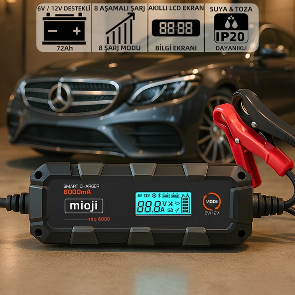 Mioji Mio 6000 6A 6V ve 12V Araba Şarj, Akü Bakım, Damlama Şarj Cihazı ve Motosiklet, ATV, Lityum ve Derin Döngülü Aküler için Kükürt Giderici Akıllı Akü Şarj Cihazı