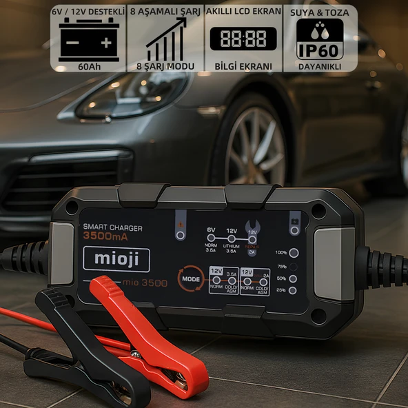 Mioji Mio 3500 3.5A 6V ve 12V Araba Şarj, Akü Bakım, Damlama Şarj Cihazı ve Motosiklet, ATV, Lityum ve Derin Döngülü Aküler için Kükürt Giderici Akıllı Akü Şarj Cihazı