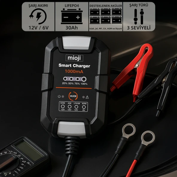 Mioji Mio 1000 1A 6V ve 12V Araba Şarj, Akü Bakım, Damlama Şarj Cihazı ve Motosiklet, ATV, Lityum ve Derin Döngülü Aküler için Kükürt Giderici Akıllı Akü Şarj Cihazı - 2