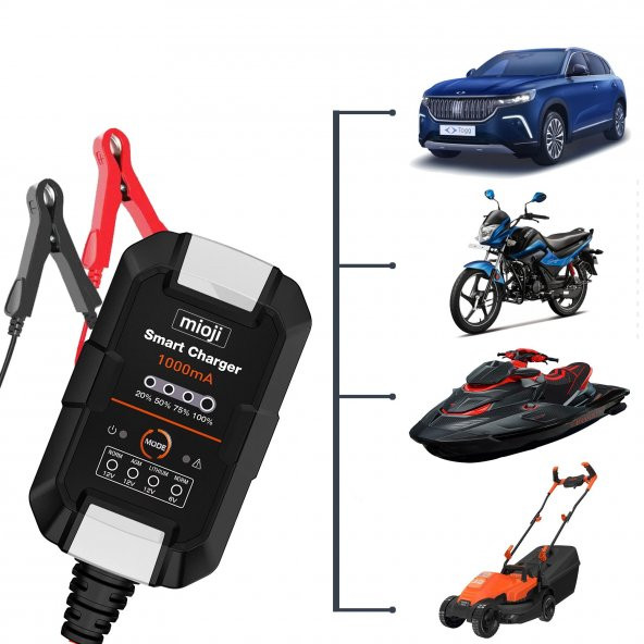 Mioji Mio 1000 1A 6V ve 12V Araba Şarj, Akü Bakım, Damlama Şarj Cihazı ve Motosiklet, ATV, Lityum ve Derin Döngülü Aküler için Kükürt Giderici Akıllı Akü Şarj Cihazı - 4