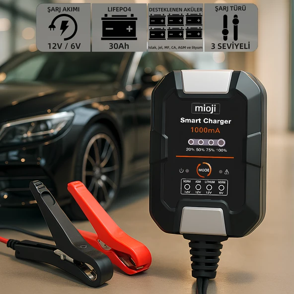 Mioji Mio 1000 1A 6V ve 12V Araba Şarj, Akü Bakım, Damlama Şarj Cihazı ve Motosiklet, ATV, Lityum ve Derin Döngülü Aküler için Kükürt Giderici Akıllı Akü Şarj Cihazı