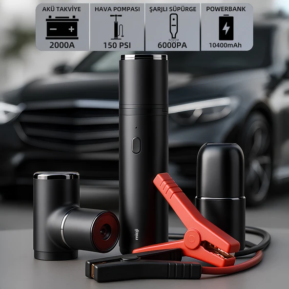 Mioji Mio 2 4in1 Akü Takviye Jump Starter Mini Şarjlı Süpürge Hava Pompası ve Led Fener 10400mAh Araba Kombo Kit