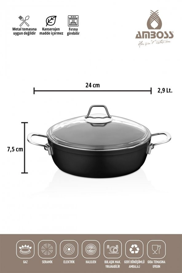 Amboss Dark 6 Parça 28 cm Wok Tavalı, Tencere Seti - Cam Kapaklı - 2