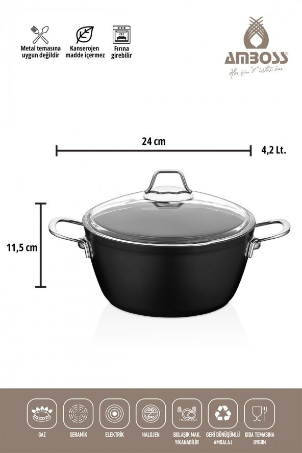 Amboss Dark 6 Parça 28 cm Wok Tavalı, Tencere Seti - Cam Kapaklı - 3