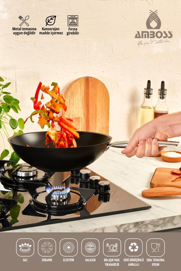 Amboss Dark 6 Parça 28 cm Wok Tavalı, Tencere Seti - Cam Kapaklı - 6