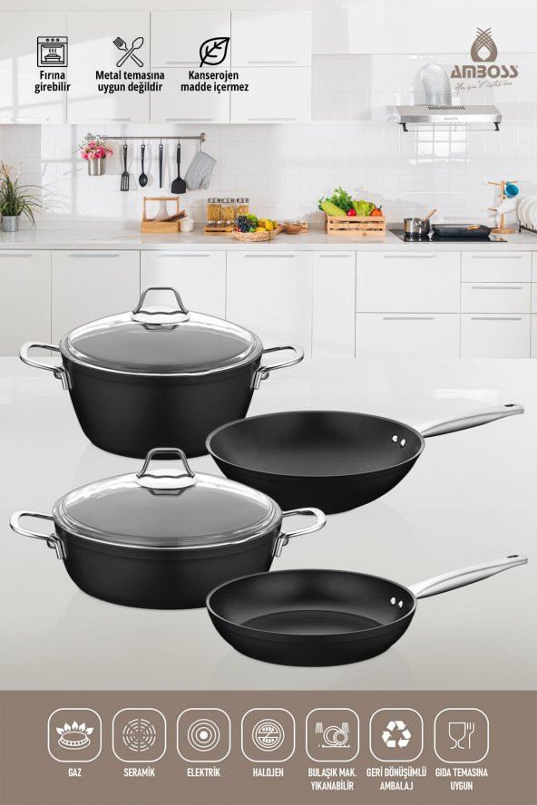 Amboss Dark 6 Parça 28 cm Wok Tavalı, Tencere Seti - Cam Kapaklı - 7