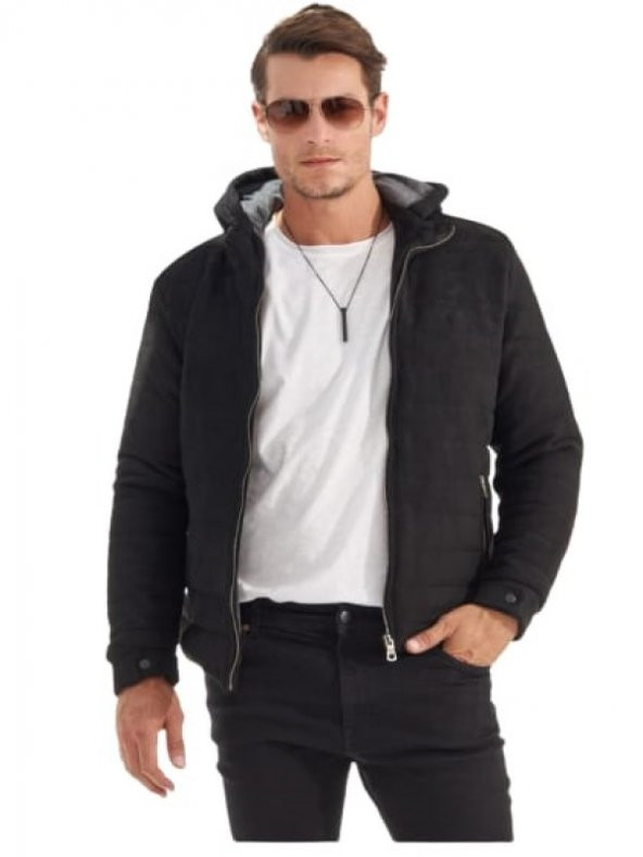 Delpino D0306 Erkek Süet Slim Kesim Kapüşonlu Mont - D0306 - Siyah - ST01240-Siyah-L - 2
