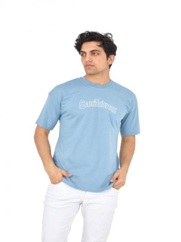 High West Erkek Oversize Sıfır Yaka Kısa Kol T-shirt H00059 - Mavi
