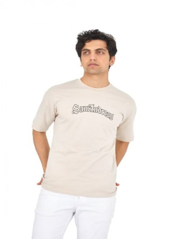 High West Erkek Oversize Sıfır Yaka Kısa Kol T-shirt H00059 - Bej