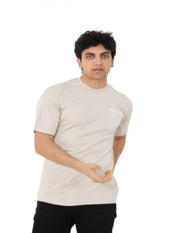 High West Erkek Oversize Sıfır Yaka Kısa Kol T-shirt H00009 - Bej