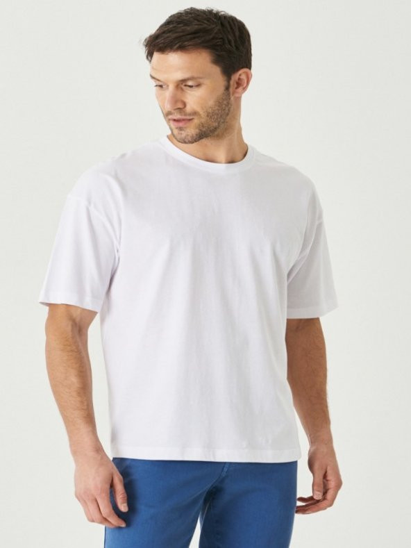 Hacker Erkek Owersize Sıfır Yaka Kısa Kol T-shirt Alc33 - Beyaz