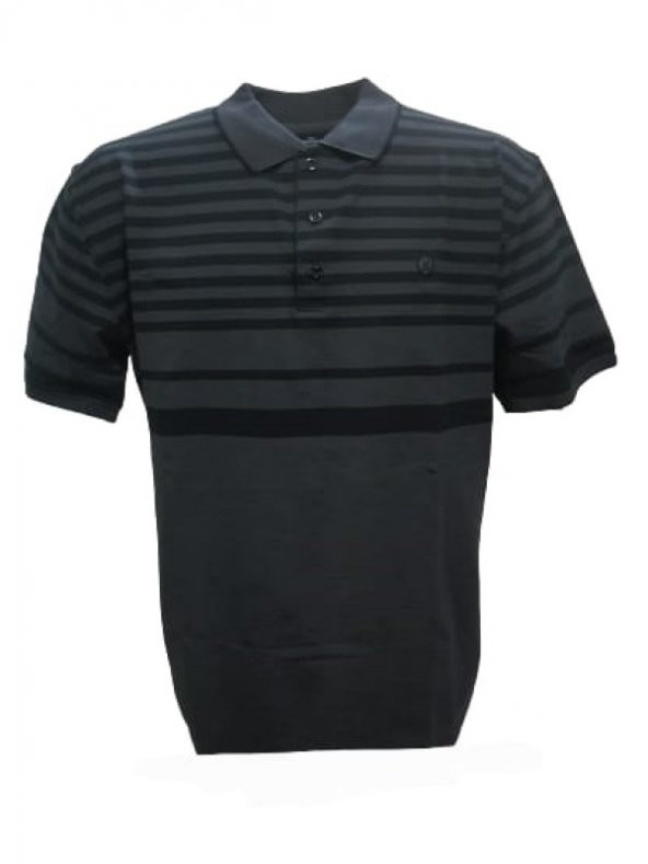 Rey Polo Erkek Battal Basic Çizgili Polo Yaka Kısa Kol T-shirt R00934 - Siyah - 2XL
