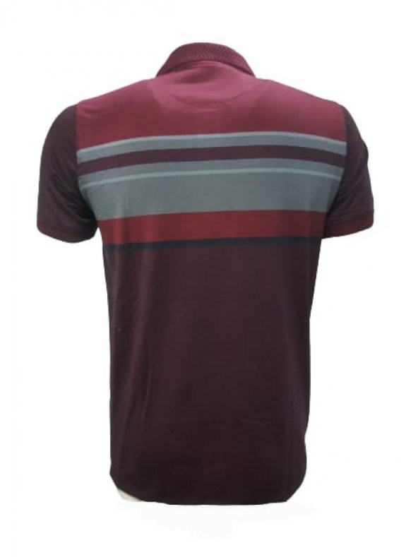 Rey Polo Basic Çizgili Polo Yaka Kısa Kol T-shirt 129 - Bordo - XXL