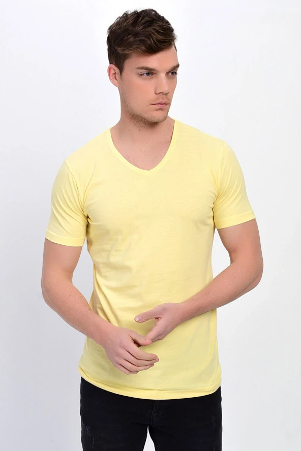 Dynamo  Erkek Basic Likralı V-Yaka T-shirt  - T-339 - Sarı - M