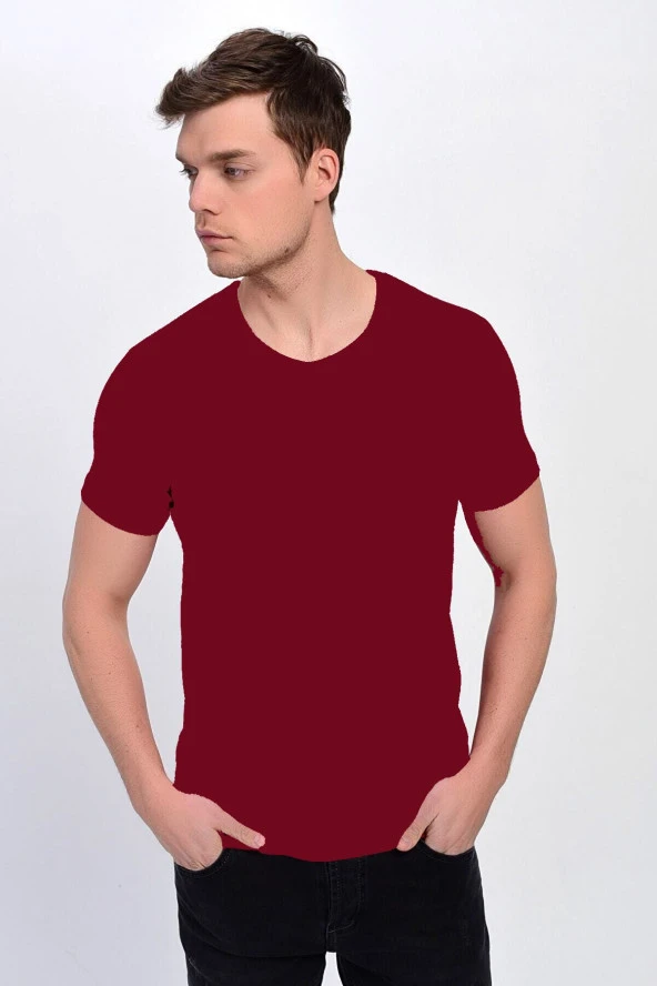Dynamo  Erkek Basic Likralı V-Yaka T-shirt  - T-339 - Bordo - XXL