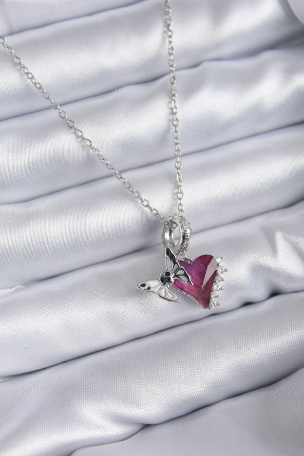 316L Çelik Zincir Gümüş Renk Kristaş Kalp Model Kuru Kafa Kelebek Zirkon Taş Detay Kadın Kolye ürün görseli