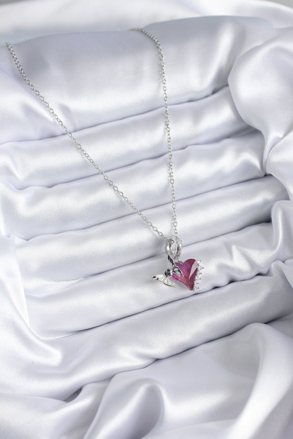 316L Çelik Zincir Gümüş Renk Kristaş Kalp Model Kuru Kafa Kelebek Zirkon Taş Detay Kadın Kolye - Resim 2