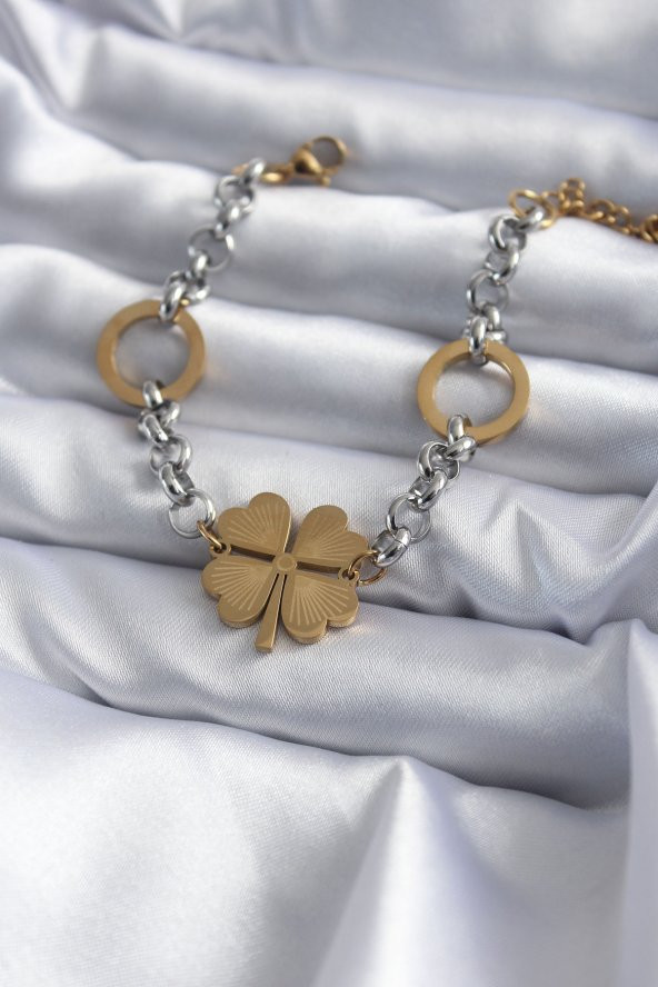 316L Çelik Mix Renk Zincir Model Yonca Figür Kadın Bileklik ürün görseli