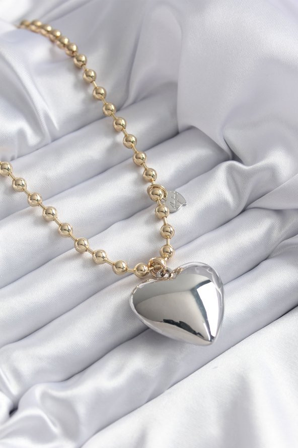 Pirinç Gold Renk Topçuk Zincir Gümüş 3D Kalp Model VİP Kadın Kolye ürün görseli