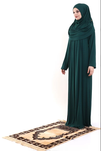 Tek Parça Pratik Başörtülü Robalı Namaz Elbisesi 8015 Zümrüt Yeşili - 5