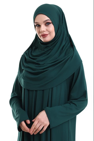 Tek Parça Pratik Başörtülü Robalı Namaz Elbisesi 8015 Zümrüt Yeşili - 2