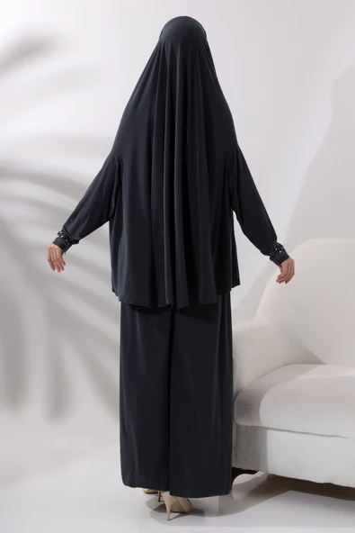 İki Parça İncili Taşlı Alt Üst Pratik Namaz Elbisesi 8017 Antrasit - 6