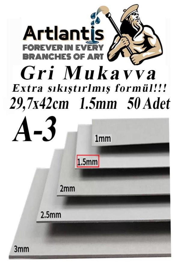 A3 Mukavva Gri 1.5 mm 50 Adet 1 Paket 29.7x42 cm A-3 Mukavva 1,5 mm Kalınlığında A-3 Mukavva