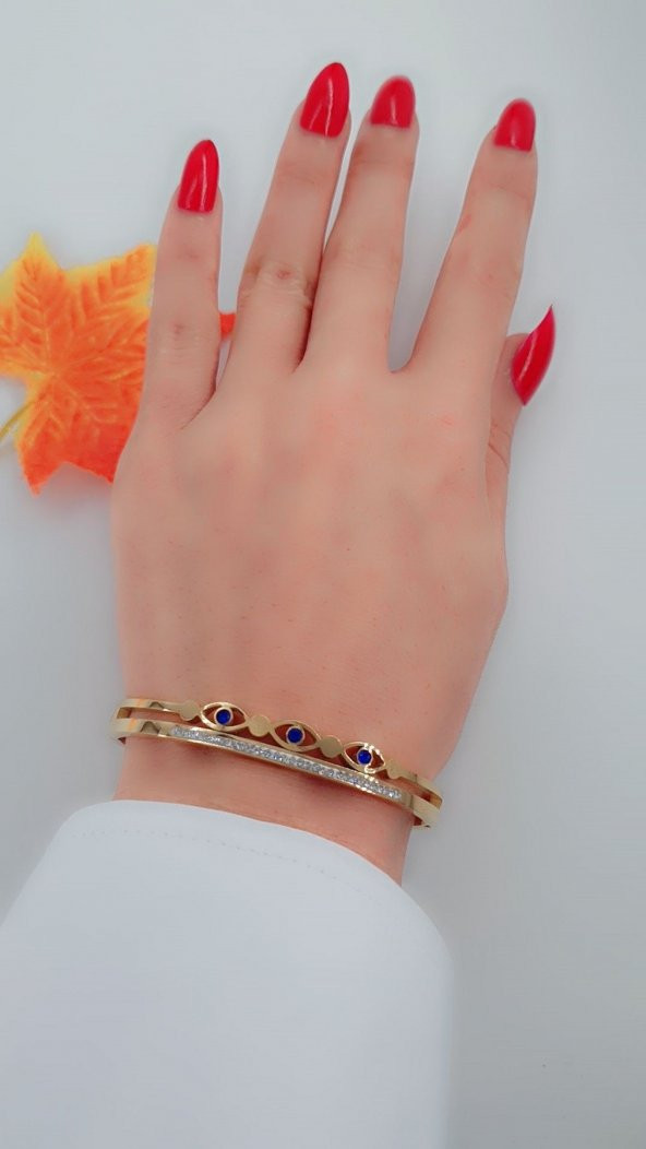 Kadın Nazar Taşlı Model Çelik Kelepçe Bileklik Gold Renk - 4