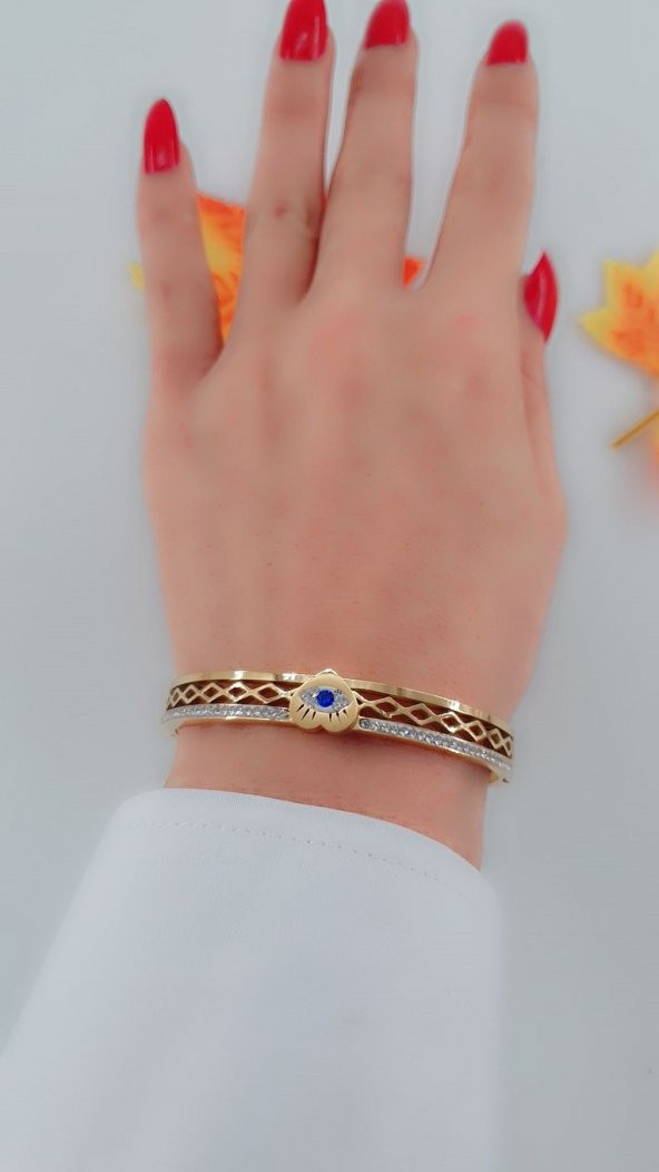 Kadın Kalp Gözlü Taşlı Çelik Kelepçe Bileklik Gold Renk - 4